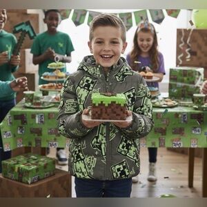 Minecraft Little and Big Boys Creeper Zip Puffer Jacket, Lightweight, Size 4/5